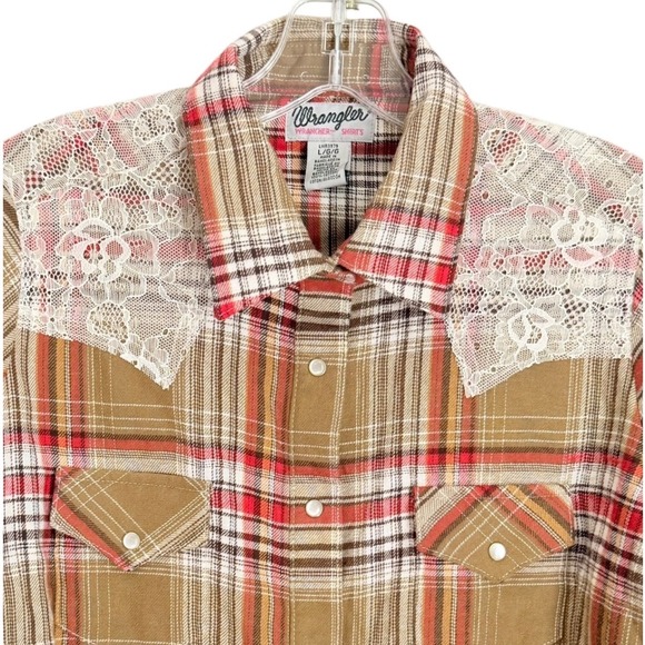 Wrangler Western Shirt Womens Large Brown Plaid Lace Pearl Snap Boho Cowgirl - Picture 4 of 9